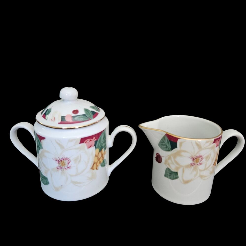 Tienshan Fine China Magnolia Creamer & Covered Sugar Bowl Set Floral Gold Trim